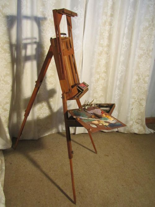fig 1. A French Folding Easel, Artists Suitcase Easel and Pallet