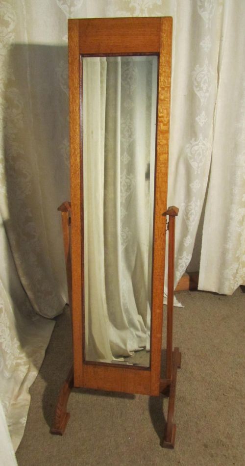 Victorian Golden Oak Arts and Crafts Cheval Mirror