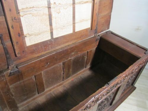 fig 1. A Large 17th Century Inlaid and Carved Oak Coffer