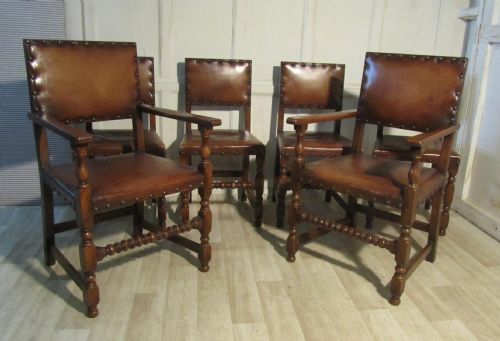 Set of 6 Gothic Oak and Leather Dining Chairs