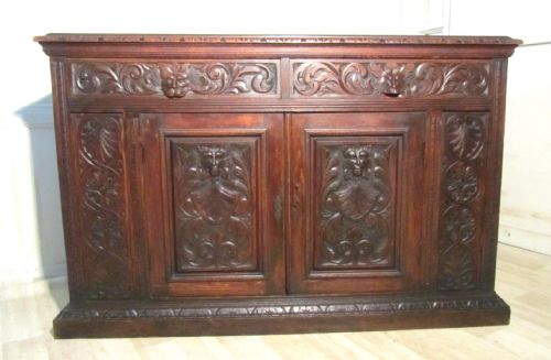 Green Man Gothic Carved Oak Cupboard, Dresser Sideboard