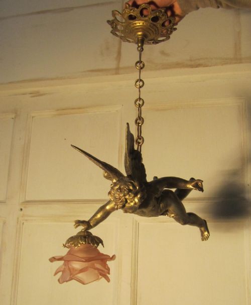 A Pretty French Ormolu Cherub Ceiling Pendant