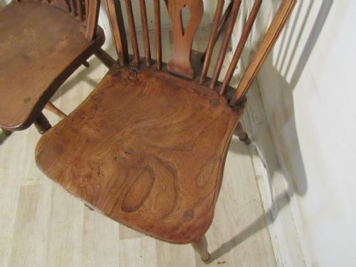 fig 1. A Harlequin Set of 6 Victorian Beech & Elm Wheel Back Windsor Kitchen Dining Chairs