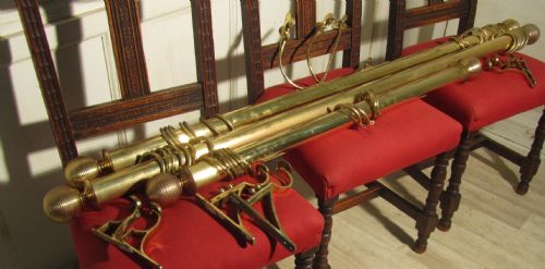 A Set of 3 Chunky Antique Brass Curtain Poles with Fittings