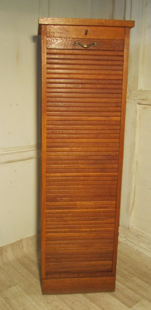 A French Tambour Fronted Oak Art Deco Filing Cabinet
