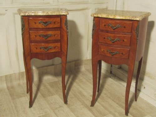 A Pair of Inlaid French Marquetry and Marble Bedside Cupboards