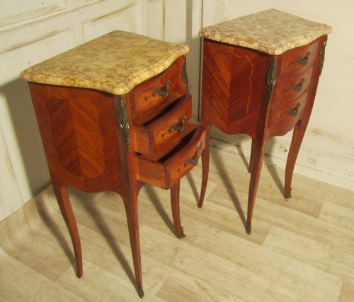 fig 1. A Pair of Inlaid French Marquetry and Marble Bedside Cupboards