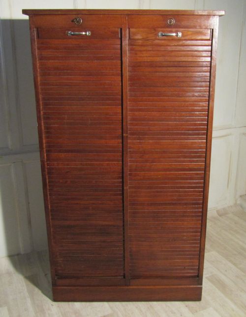 A French Tambour Double Fronted Oak Art Deco Filing Cabinet