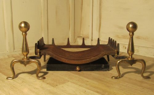 Elegant Pair of Brass Andirons or Fire Dogs Complete with Grate 
