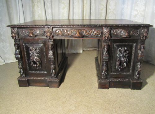Victorian Green Man Carved Oak Pedestal Desk