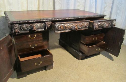 fig 1. Victorian Green Man Carved Oak Pedestal Desk