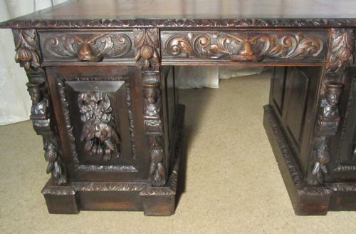 fig 2. Victorian Green Man Carved Oak Pedestal Desk