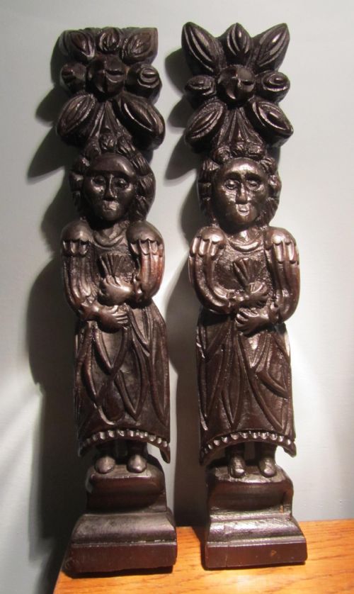 Large Pair of 16th Century Primitive Carved Oak Caryatids