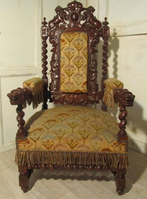 Stunning Victorian Gothic Carved Oak Throne Chair