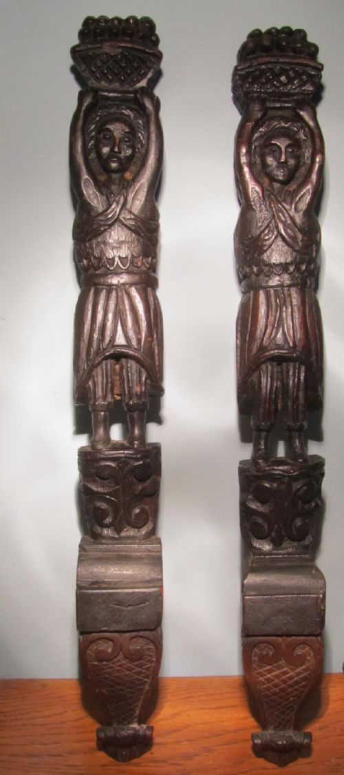 Large Pair of 16th Century Primitive Carved Oak Caryatids, Atlantis
