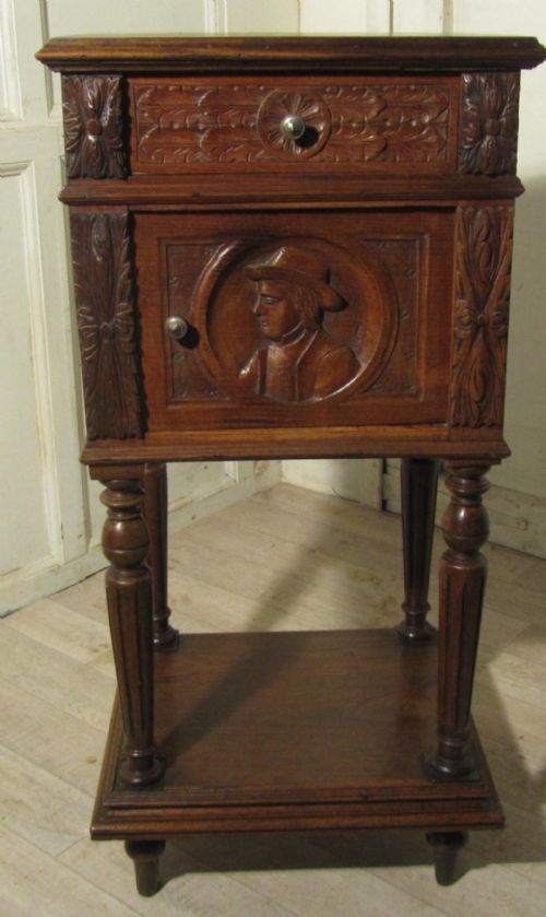 French Carved Oak Night Table or Bedside Cupboard