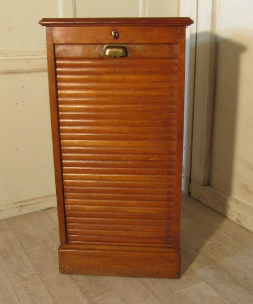A French Tambour Fronted Oak Art Deco Filing Cabinet