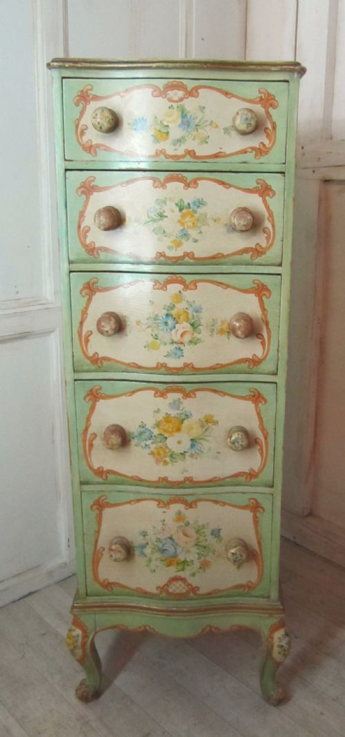 Original Shabby Painted Tall Serpentine Chest of Drawers, Five Drawer Chest
