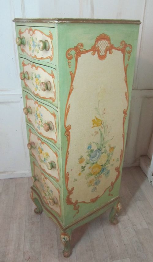 fig 2. Original Shabby Painted Tall Serpentine Chest of Drawers, Five drawer Chest