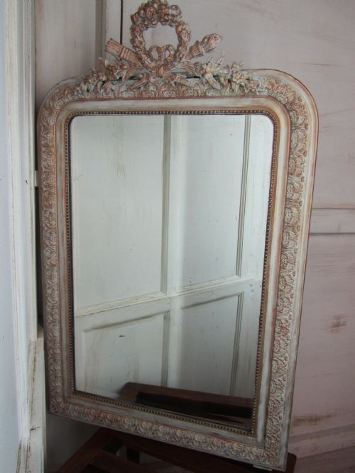 Large 19th Century French Shabby Painted and Gilt Wall Mirror