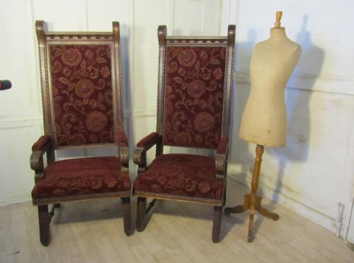 fig 1. A Pair of Very Large French Arts and Crafts Carved Oak Throne Chairs.