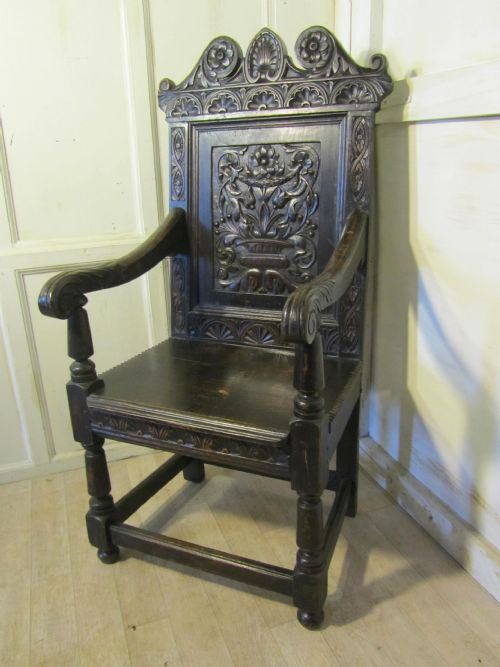 Richly Carved 18th Century Oak Wainscot Hall Arm Chair