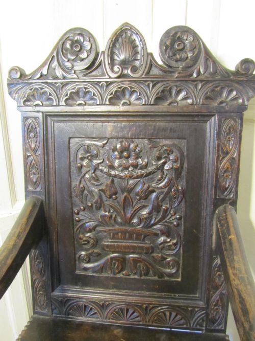 fig 1. Richly Carved 18th Century Oak Wainscot Hall Arm Chair