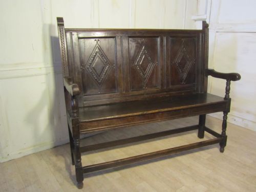 18th Century Carved Oak Settle or Hall Bench