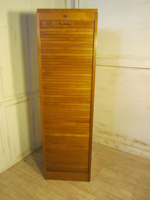 A French Tambour Fronted Oak Art Deco Filing Cabinet