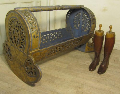 19th Century Carved and Shabby Painted Scandinavian Rocking Crib