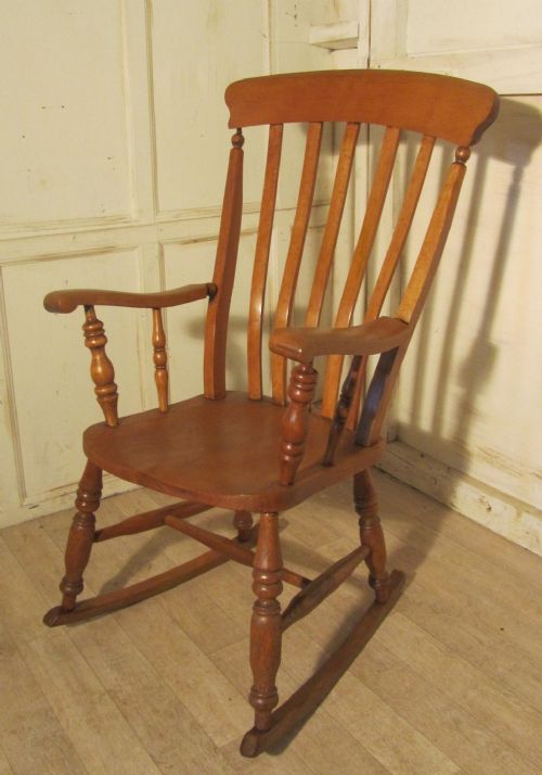 Victorian Beech and Elm Slat Back Carver Rocking Chair