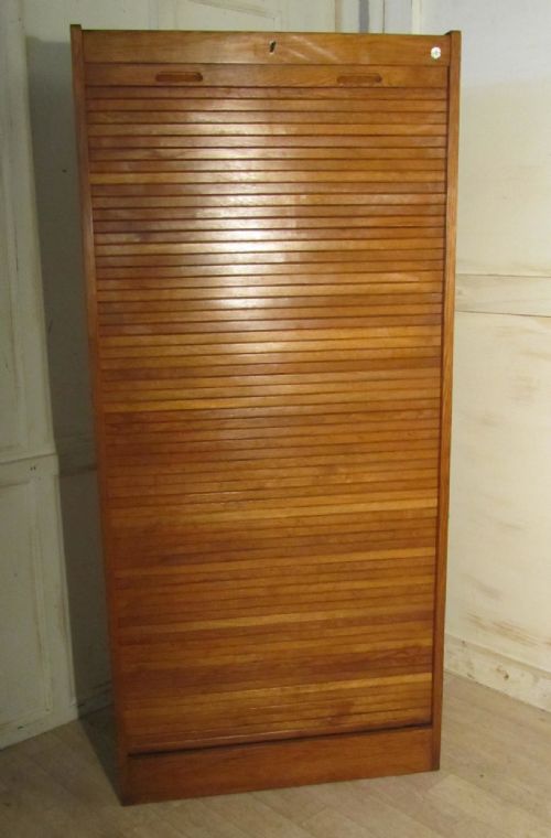 A French Wide Tambour Fronted Oak Art Deco Filing Cabinet