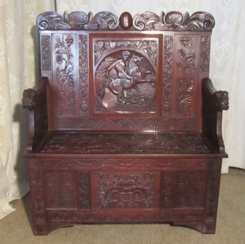 Carved High Back Carved Welsh Settle
