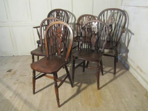 Set of 6 Victorian Beech & Elm Wheel Back Windsor Kitchen Dining Chairs