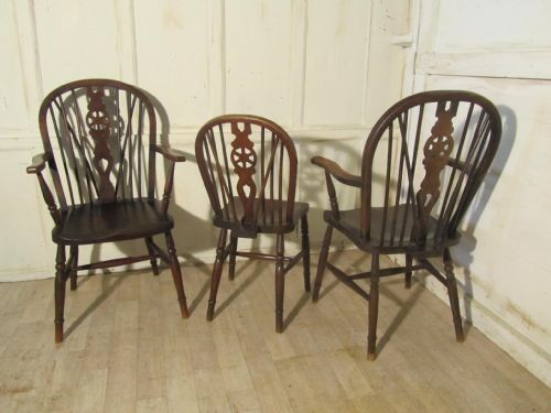 fig 1. Set of 6 Victorian Beech & Elm Wheel Back Windsor Kitchen Dining Chairs