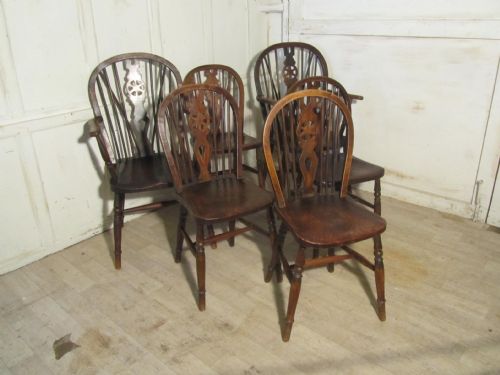 fig 2. Set of 6 Victorian Beech & Elm Wheel Back Windsor Kitchen Dining Chairs