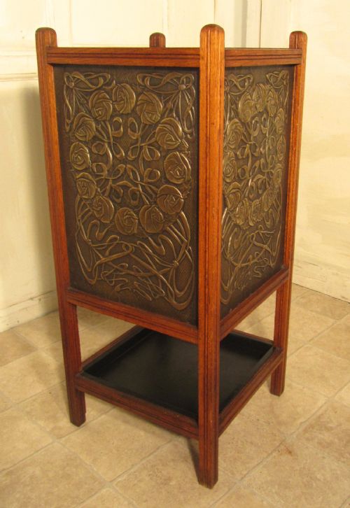 Arts & Crafts Golden Oak & Brass Umbrella Stick Stand