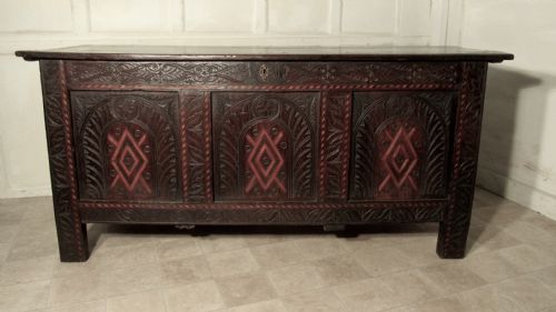 A Large 17th Century Inlaid and Carved Oak Coffer