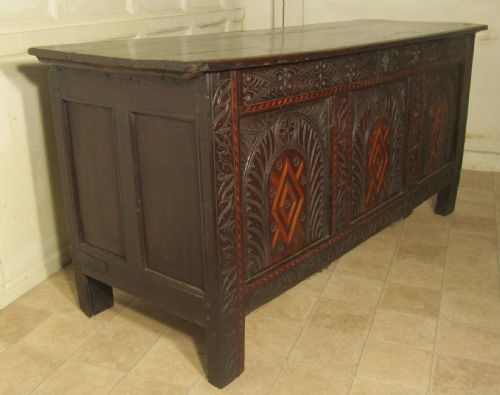 fig 1. A Large 17th Century Inlaid and Carved Oak Coffer