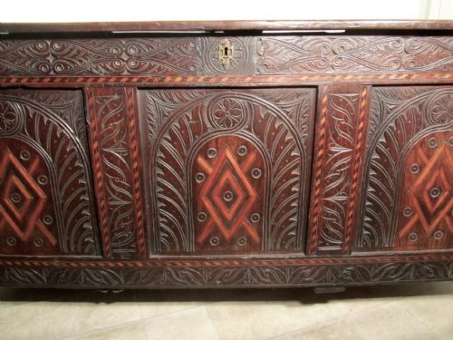 fig 2. A Large 17th Century Inlaid and Carved Oak Coffer
