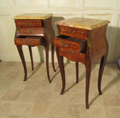 fig 1. A Pair of Inlaid French Marquetry and Marble Bombe Shaped Bedside Cupboards