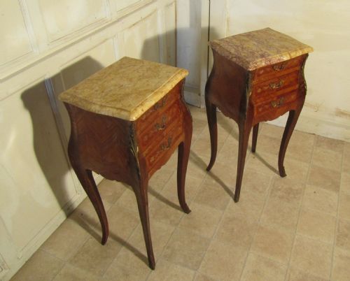 fig 2. A Pair of Inlaid French Marquetry and Marble Bombe Shaped Bedside Cupboards