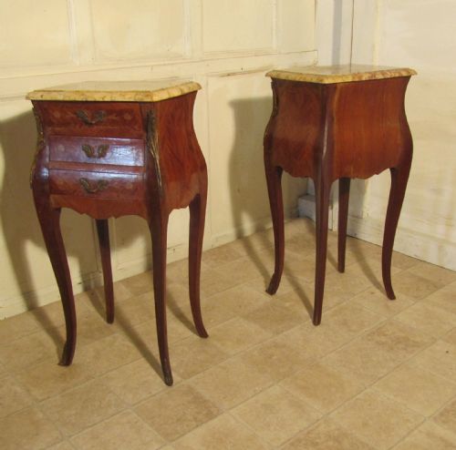 fig 3. A Pair of Inlaid French Marquetry and Marble Bombe Shaped Bedside Cupboards