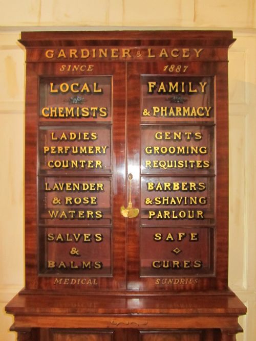 fig 1. Victorian Mahogany Sign Painted Chemist’s Cupboard