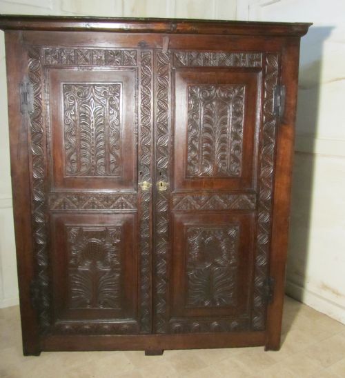 17th Century Carved Oak Wardrobe or Housekeepers Cupboard
