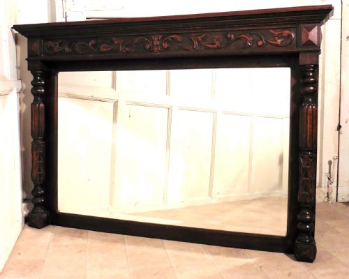 French Carved Gothic Oak Over Mantle Mirror