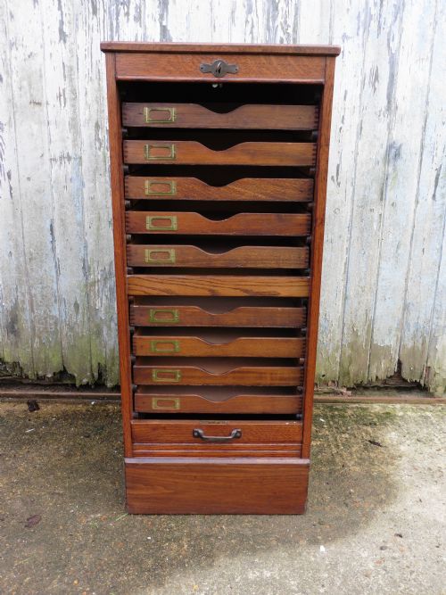 fig 1. French Tambour Fronted Oak Art Deco Filing Cabinet 