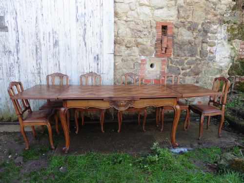 fig 1. A Large French Parquetry Draw Leaf Table and 6 Chairs