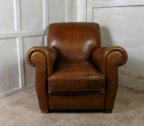 French Aged Leather Art Deco Club Chair