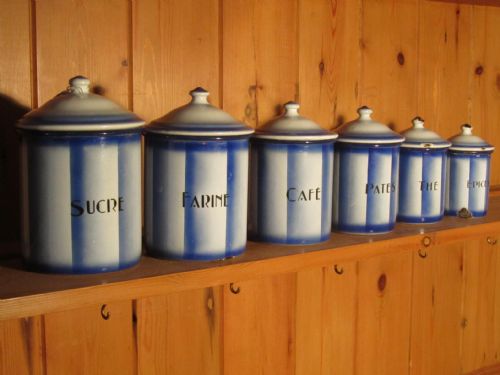 Blue and White Set of French Enamel Food Canisters
